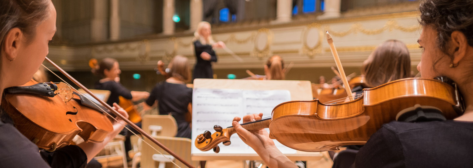 Picture of a violin concerto with the conductor in the background